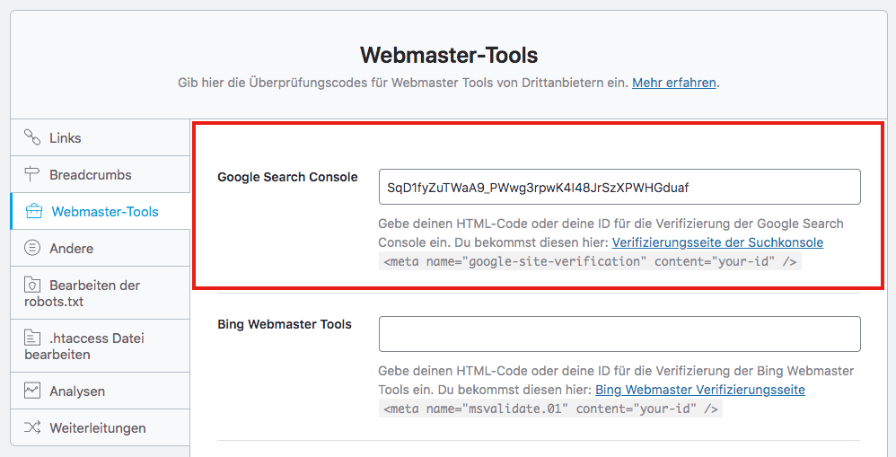 WordPress SEO-Plugin RankMath - Search Console Verifikationscode