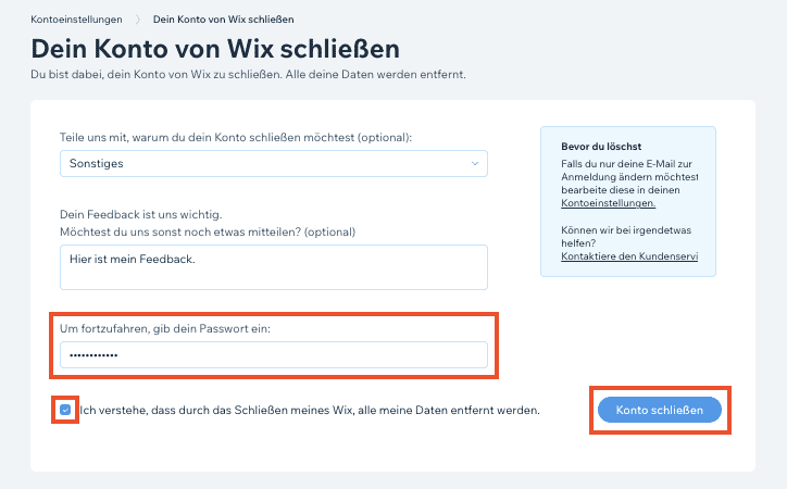 Wix Konto löschen / Account löschen - Anleitung (3)